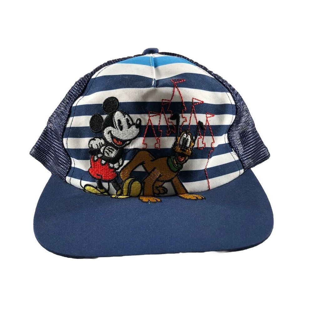 Disney Mickey & Pluto Embroidered Navy/White Striped Mesh Youth Snapback Hat Cap